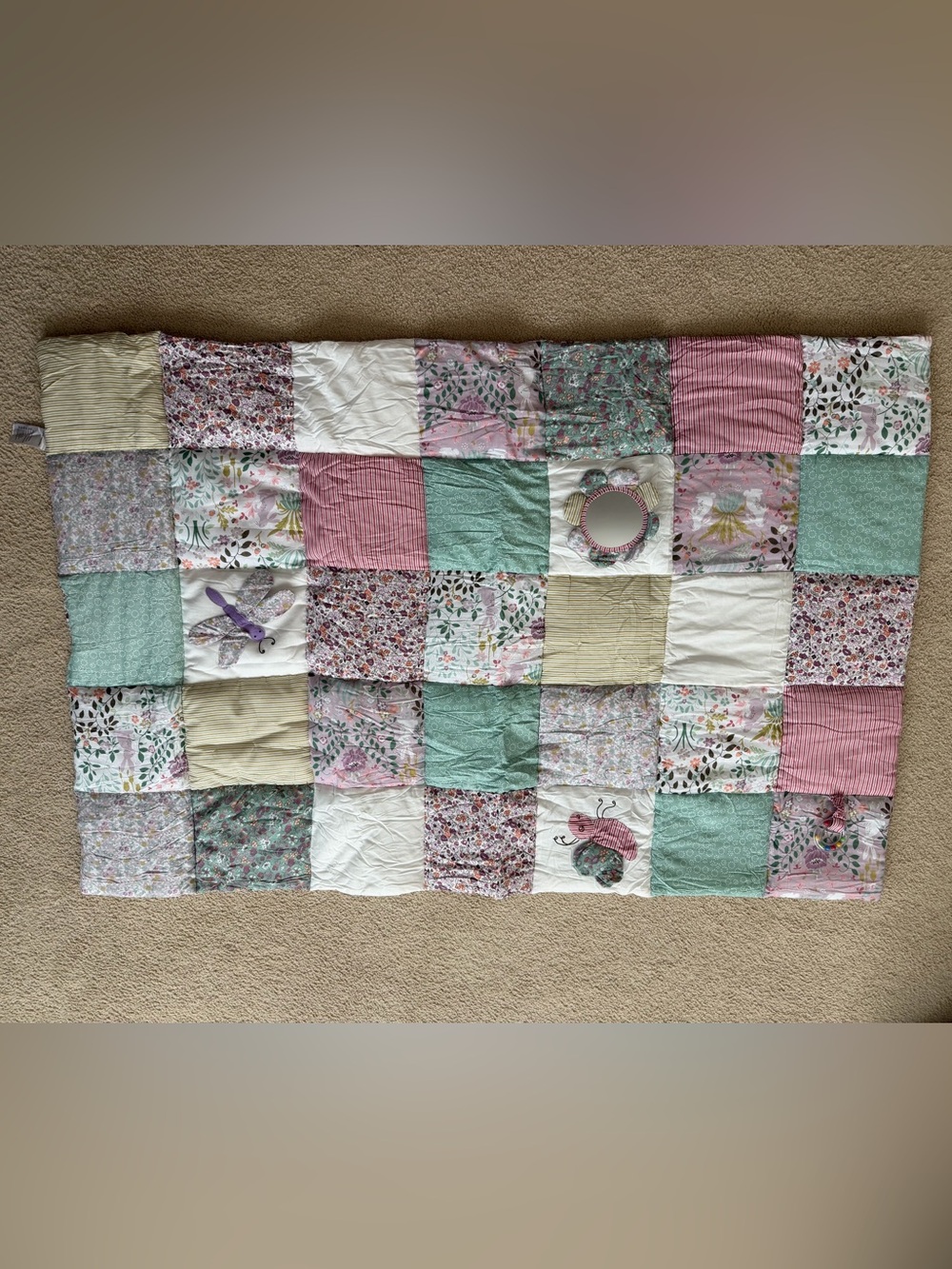 Floral Patchwork Baby Quilt Activity Play Mat in Pink, Mint & Cream 38”x58”